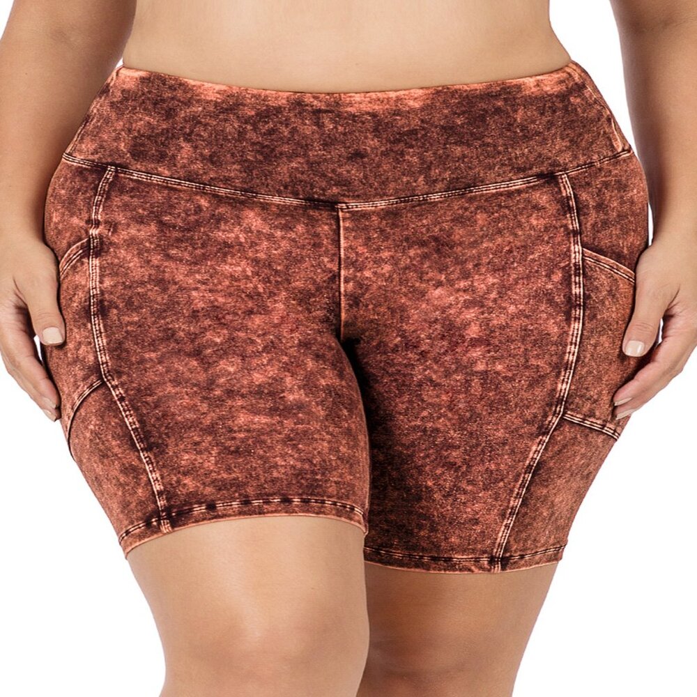 ZENANA PLUS 1X-3X MINERAL WASH WIDE WAISTBAND BIKE SHORTS W/POCKETS PERSIMMON